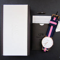 瑞典 Daniel Wellington Winchester Lady 藍粉紅尼龍錶帶 玫瑰金錶框 女錶 36mm