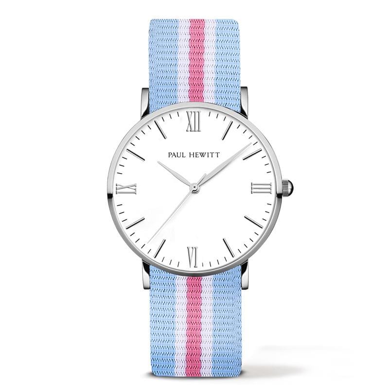 德國出品 Silver淺藍粉紅白色尼龍錶帶 銀色錶框 羅馬數字 38mm
