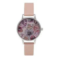 英倫復古手錶 迷幻花園 嫩粉色真皮錶帶 銀色錶框 女錶