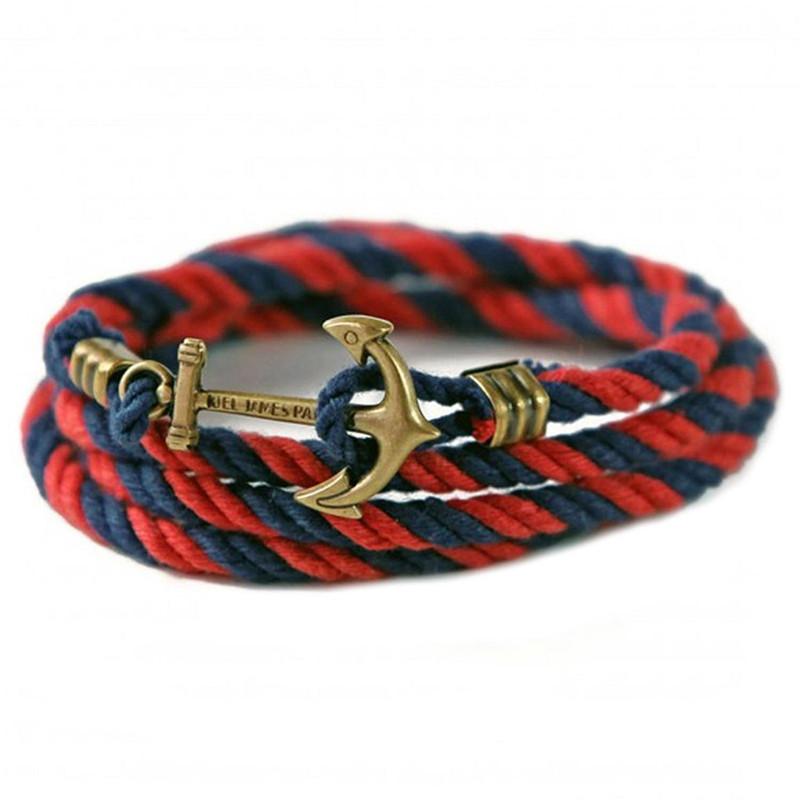 Otterneck Worth 古銅仿舊船錨造型 棉麻編織多圈纏繞手環 - 深藍紅