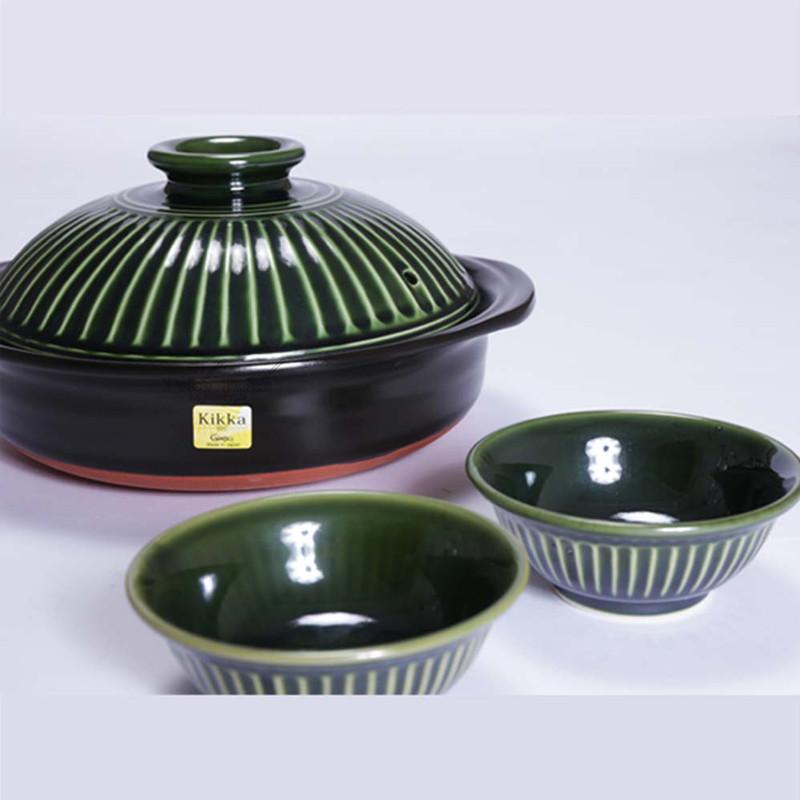 28cm日本銀峯菊花土鍋+手工上釉陶碗(4入)+釉亮陶匙(4入) - 織部綠