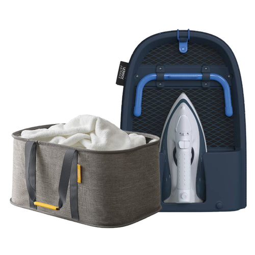 衣物美學組合  折疊桌上型燙衣板(加厚版) - 深藍+ 可折疊洗衣提籃(35L)-灰