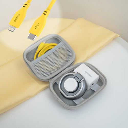 Qi2.0二合一磁吸無線充電架+AURA 3C收納包+GaN 35W快充組(Lightning)