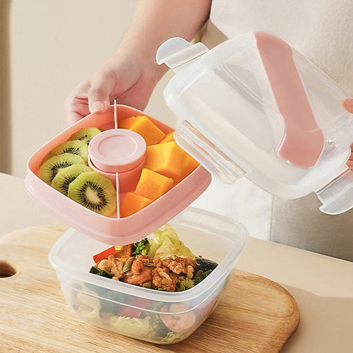 便攜式正方形雙層保鮮餐盒(附餐具&醬料盒)-950ml-3入-多色可選