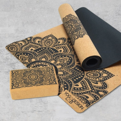 Cork Mat 軟木瑜珈墊 3.5mm – Mandala Black + Cork block 軟木瑜珈磚 - Mandala