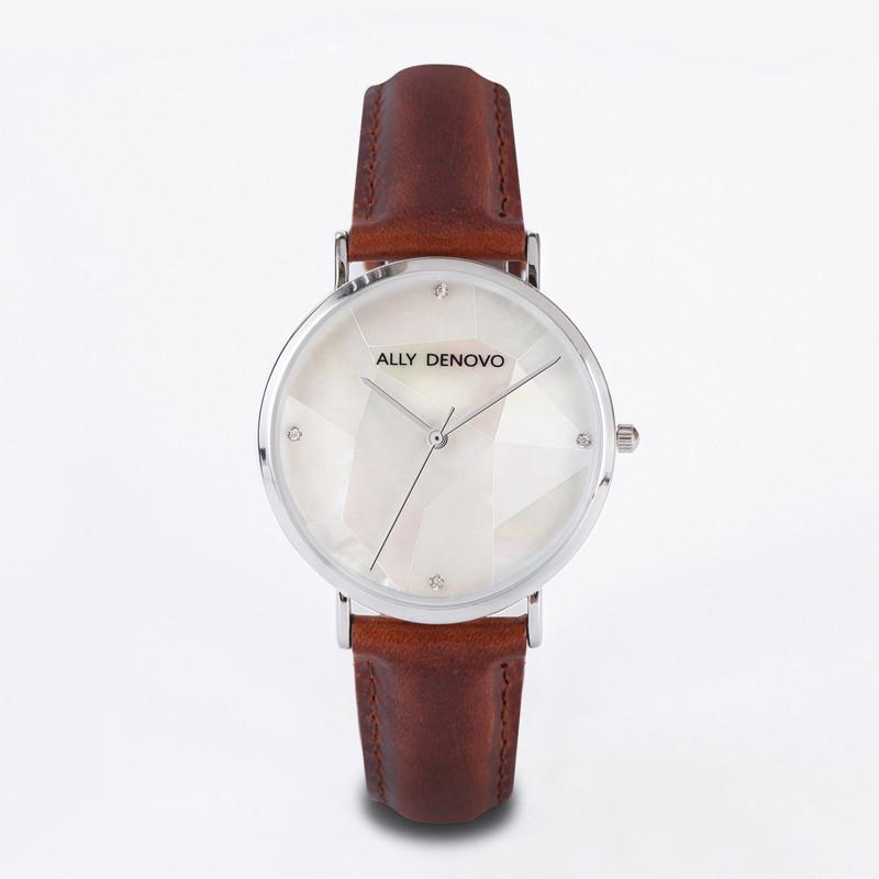 【女款】Gaia Pearl皮革腕錶-淺棕銀框