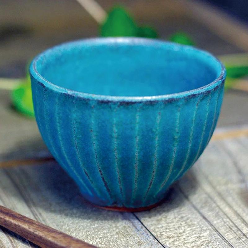 日本益子燒 - 青綠燻刻紋茶杯
