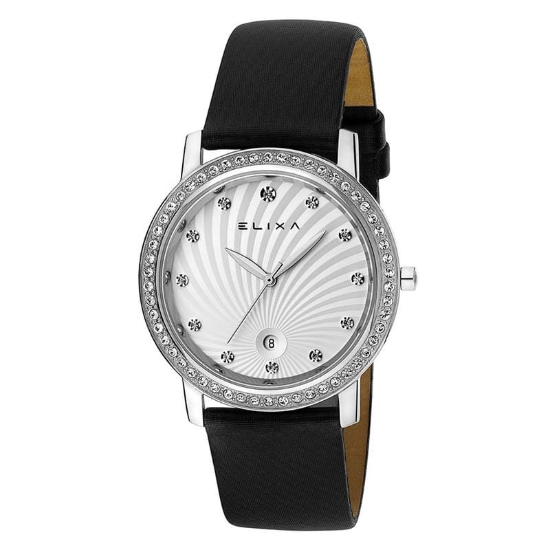 Finesse精致晶鑽系列 白錶面黑色緞面皮革錶帶手錶38.5mm E044-L137