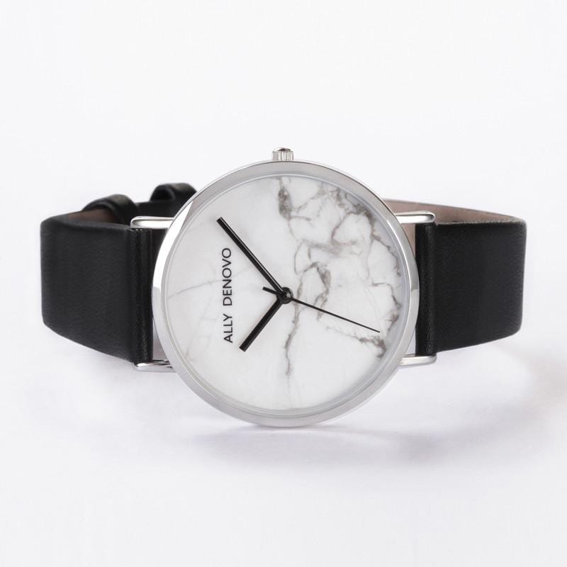 【女款】Carrara Marble皮革腕錶-白面黑銀框