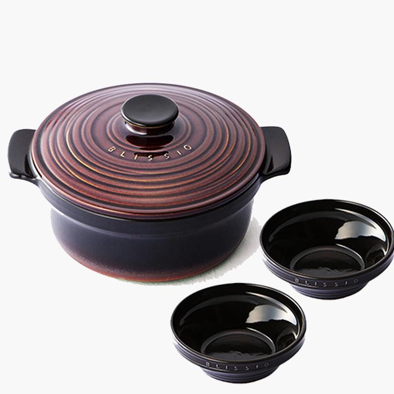 【限量】24cm 高氣密無水料理土鍋(飴釉棕) + 陶碗(質感黑)x2