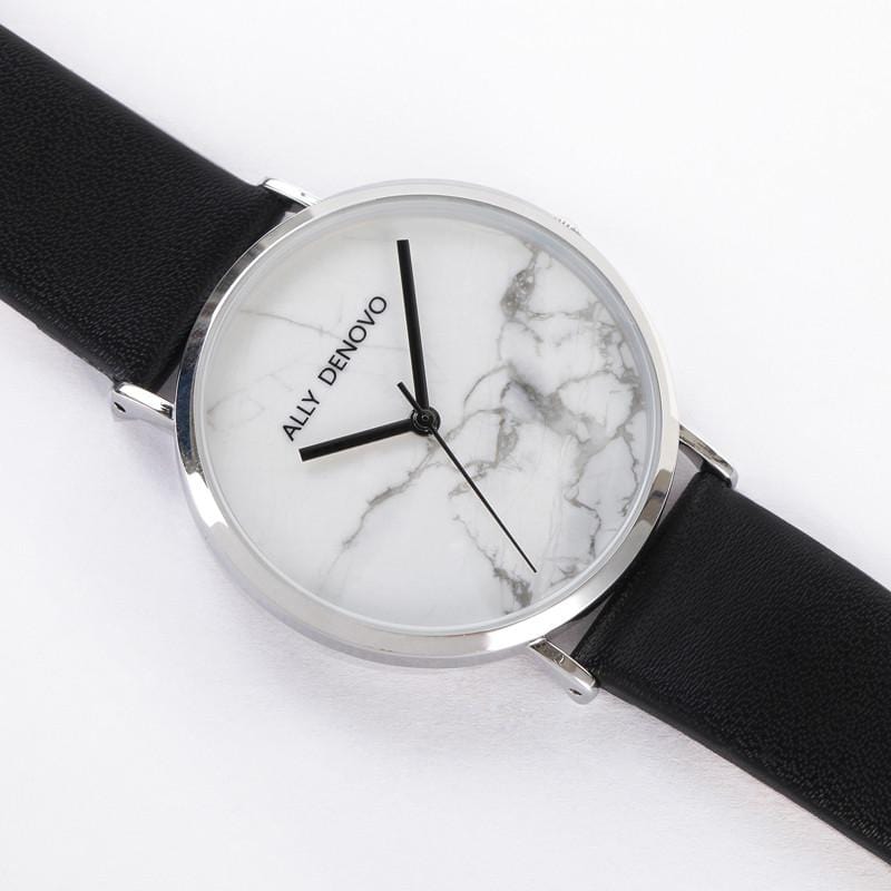 【女款】Carrara Marble皮革腕錶-白面黑銀框