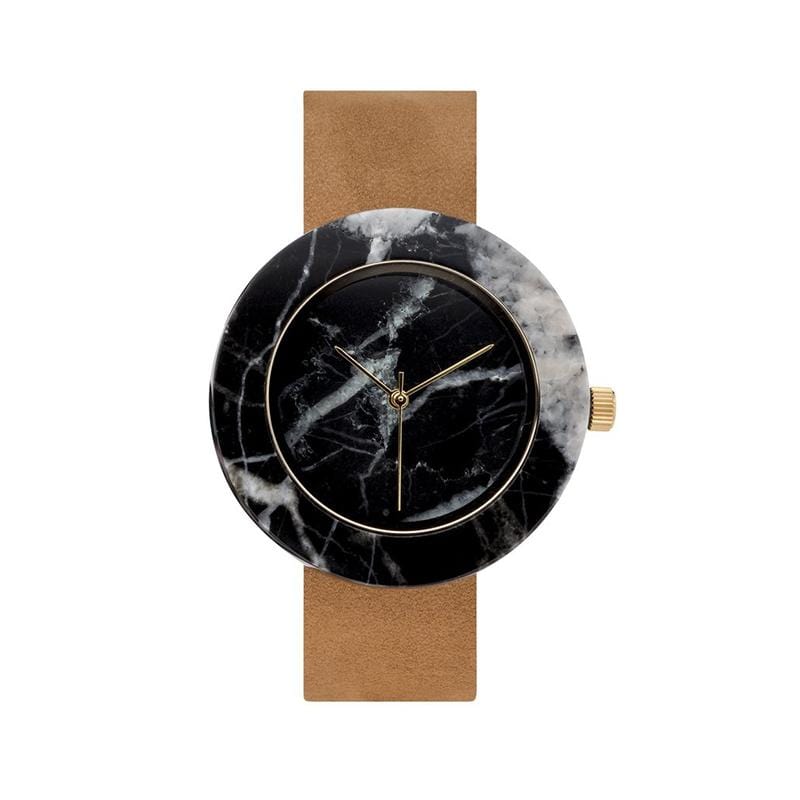 Mason Collection 圓形大理石手錶 - 黑大理石(棕錶帶)