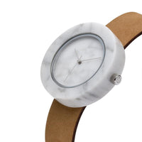 Mason Collection 圓形大理石手錶 - 白大理石(棕錶帶)