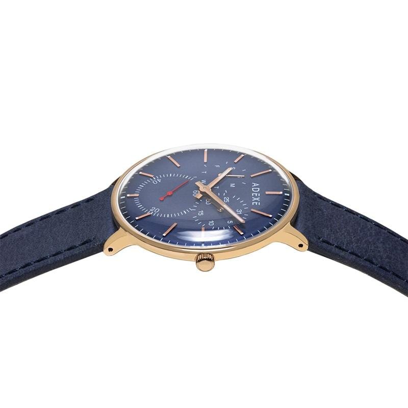 THEY三眼系列 藍錶盤x玫瑰金錶框皮革錶帶41mm -2045C-04