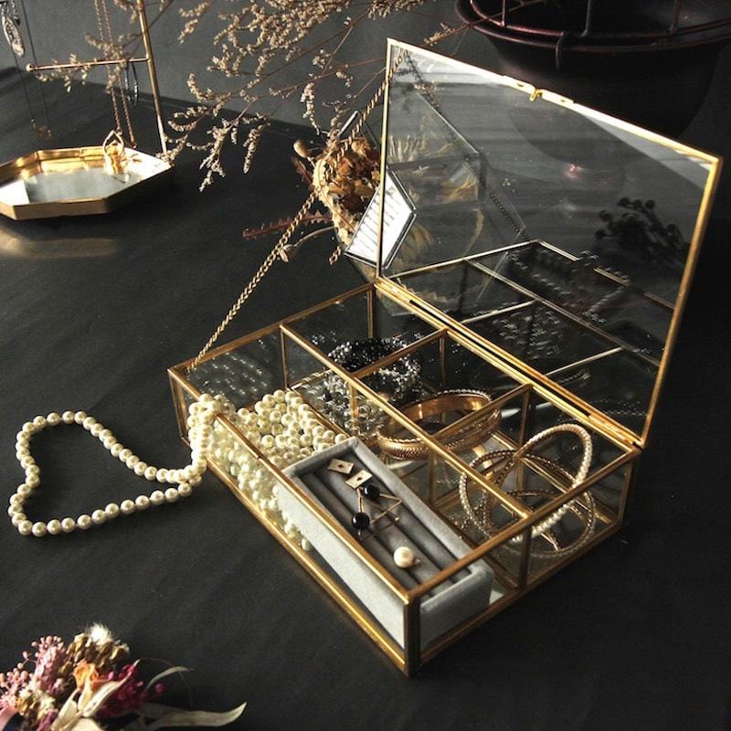 復古金邊多格長方玻璃飾品收納珠寶盒