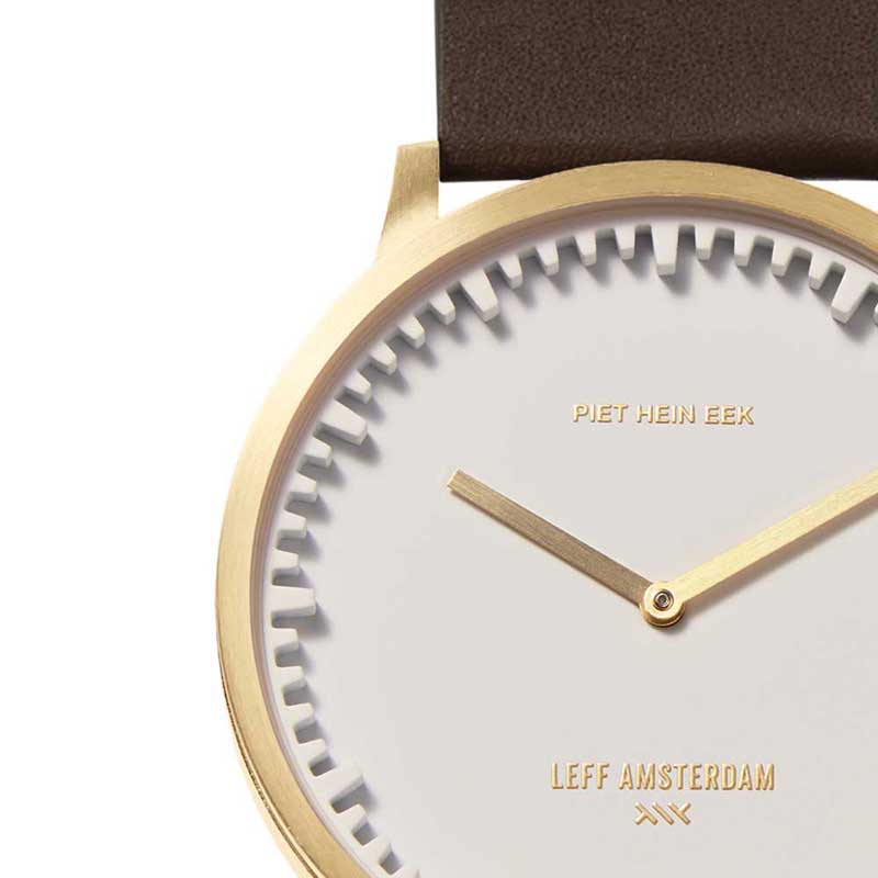 Tube ｜北歐工業齒輪設計真皮腕錶 (40mm, 黃銅金x淨白錶盤咖啡皮革錶帶