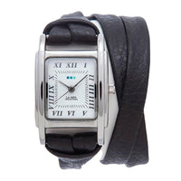 Milwood系列銀色錶框 白色方形錶盤黑色雙條皮革錶帶手錶手鍊23mm