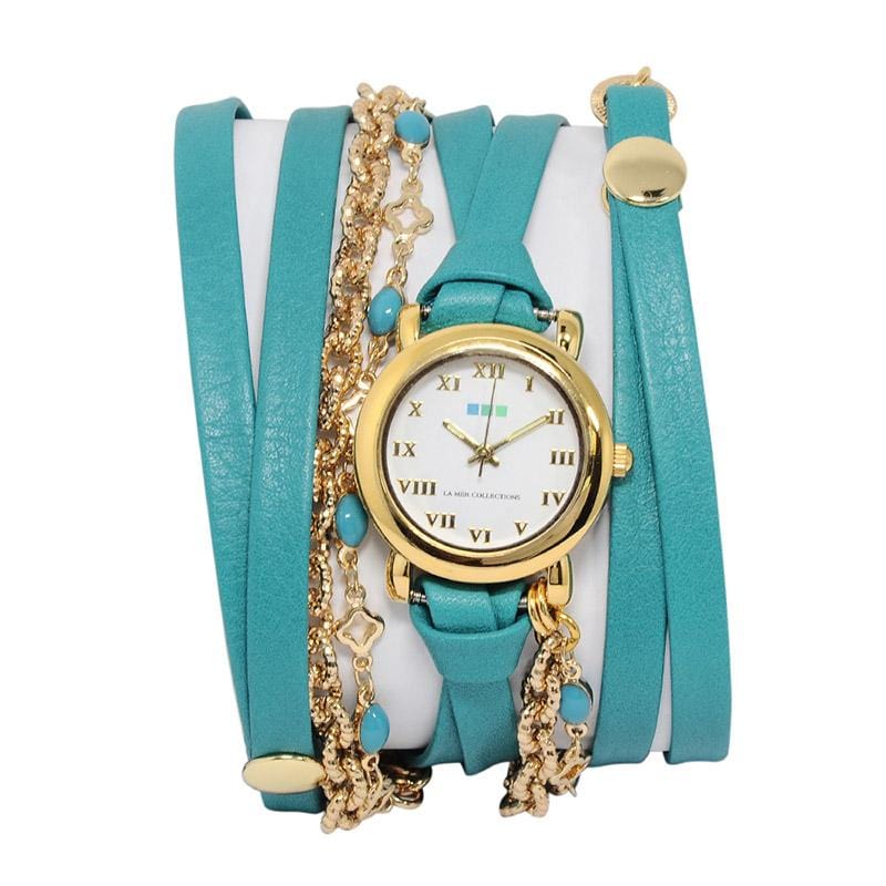 Stone Wraps系列金色錶框 白錶盤孔雀藍色皮革寶石金色鍊條手錶27mm