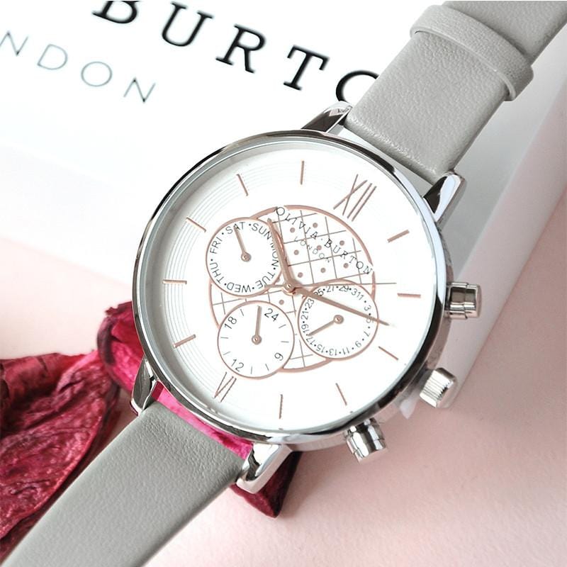 英倫復古手錶 三眼計時 粉灰色真皮錶帶 銀色錶框 38mm