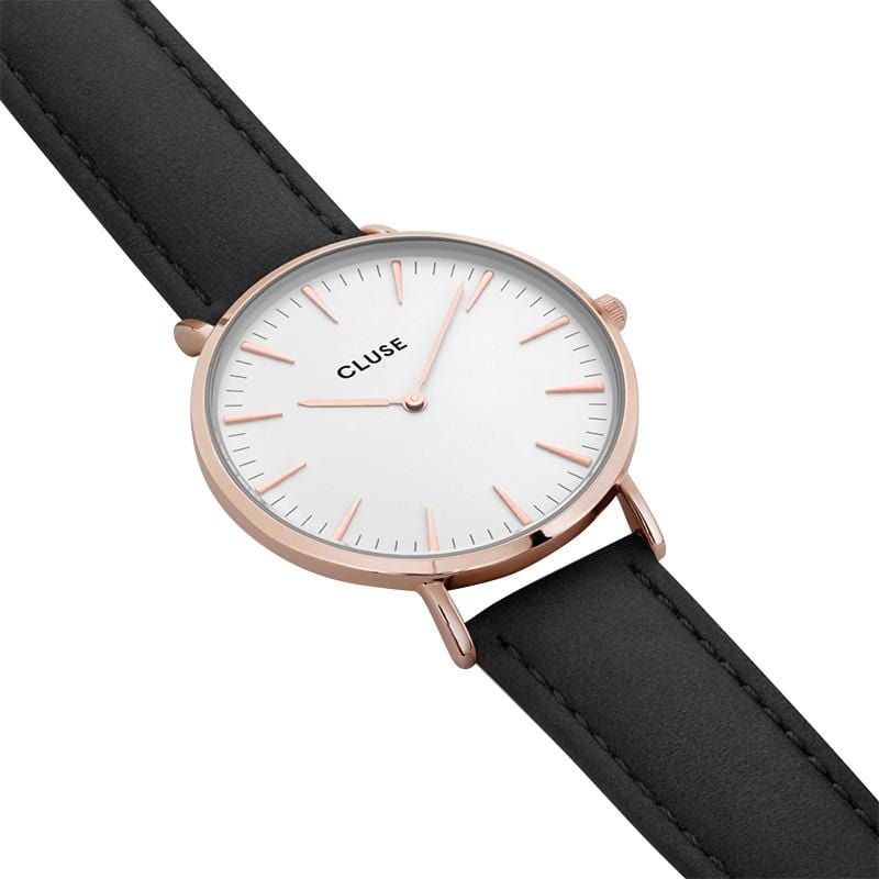 波西米亞玫瑰金系列 白錶盤/黑皮革錶帶
