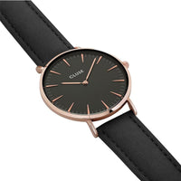 波西米亞玫瑰金系列 黑錶盤/黑皮革錶帶