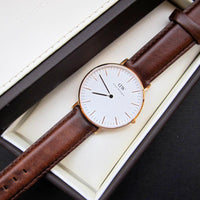 瑞典 Daniel Wellington St Mawes Lady 棕色皮革錶帶 玫瑰金錶框 女錶 36mm