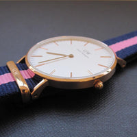 瑞典 Daniel Wellington Winchester Lady 藍粉紅尼龍錶帶 玫瑰金錶框 女錶 36mm