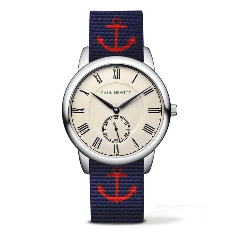 德國出品 Classic Line 經典款手錶 紅色船錨 海軍藍 尼龍錶帶 銀色錶框 羅馬數字 40mm