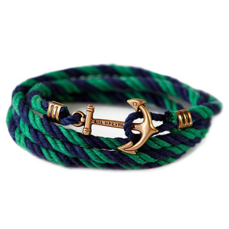 Catesby Jones 古銅仿舊船錨造型 棉麻編織多圈纏繞手環 - 深藍綠