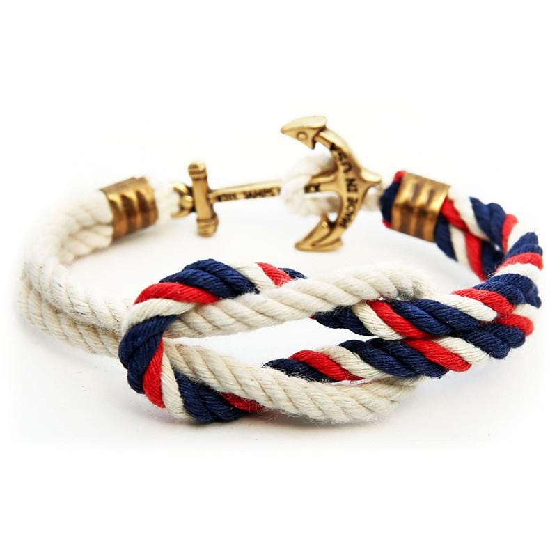 American Classic 古銅仿舊船錨造型 水手繩結手環 - 深藍紅白