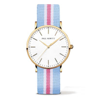 德國出品 GOLD 淺藍粉紅白色尼龍錶帶 金色錶框 羅馬數字 38mm