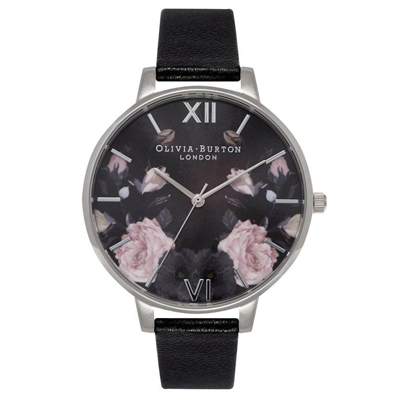 英倫復古手錶 迷幻花園 黑色真皮錶帶 銀色錶框 38mm
