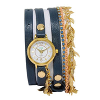 Stone Wraps系列金色錶框 白錶盤深藍色皮革花園寶石金色鍊條手錶25mm