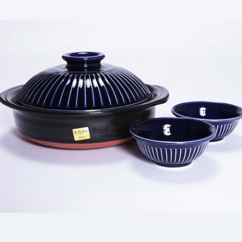 28cm日本銀峯菊花土鍋+手工上釉陶碗(4入)+釉亮陶匙(4入) - 琉璃藍
