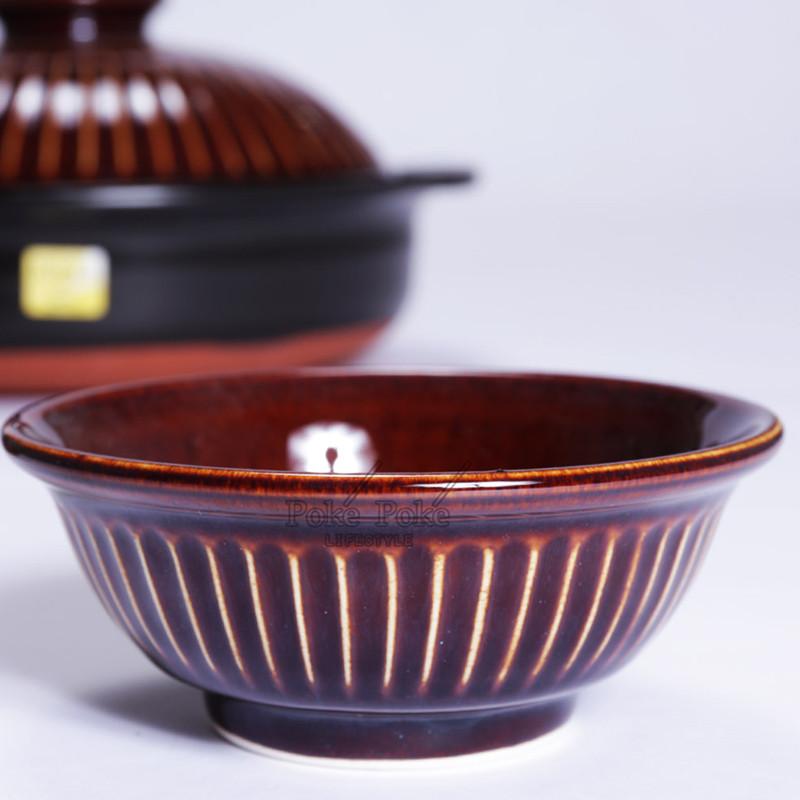 28cm日本銀峯菊花土鍋+手工上釉陶碗(4入)+釉亮陶匙(4入) - 飴釉棕