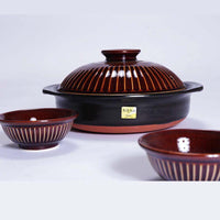 28cm日本銀峯菊花土鍋+手工上釉陶碗(4入)+釉亮陶匙(4入) - 飴釉棕