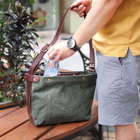 日本防潑水水洗帆布休閒側背包 - 墨綠色
