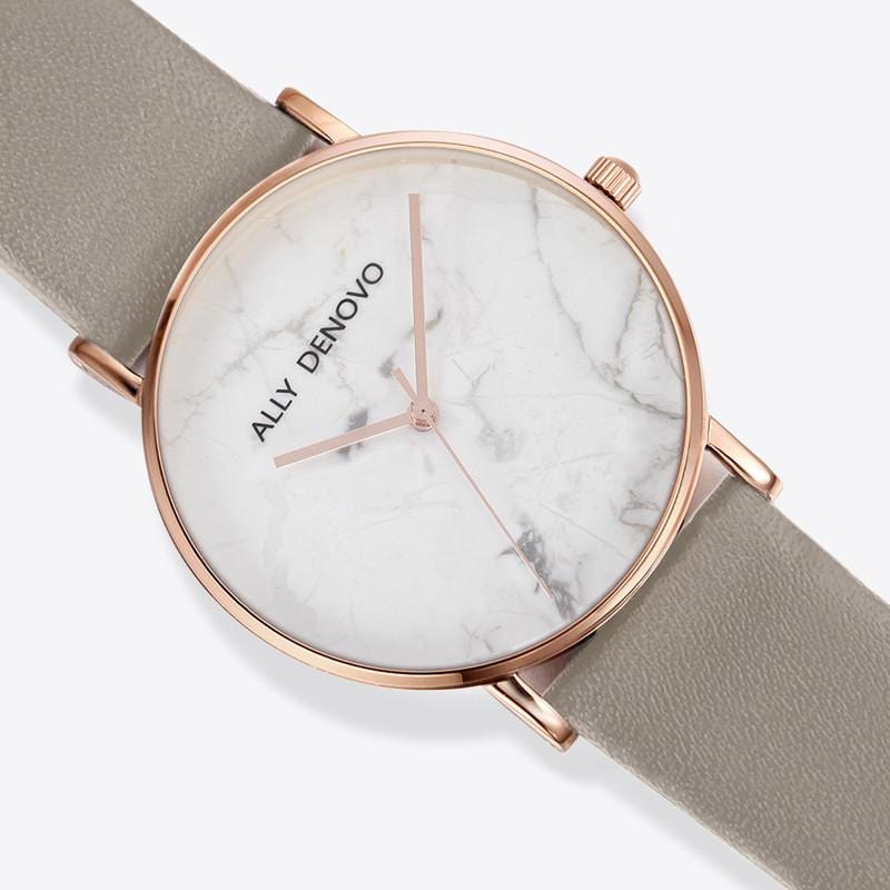 【女款】Carrara Marble皮革腕錶-白面灰玫瑰金框