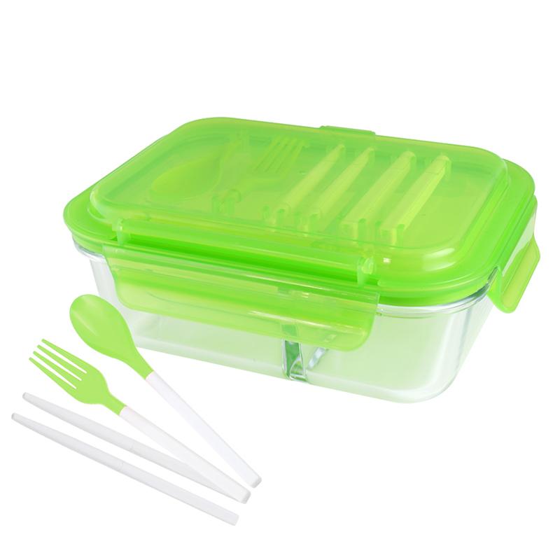 安玻分隔玻璃保鮮盒長形3格1000ML附組合餐具-綠#15