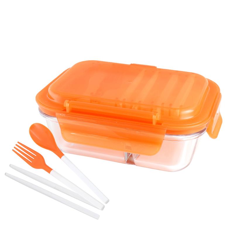 安玻分隔玻璃保鮮盒長形2格600ML附組合餐具-橘#16