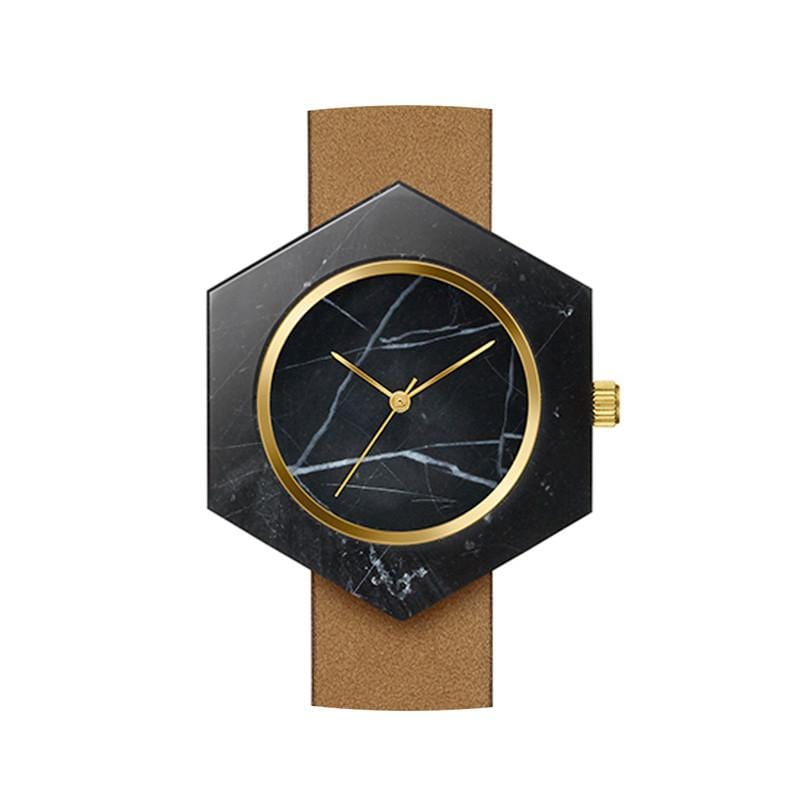 Mason Collection 六角形大理石手錶 - 黑大理石(棕錶帶)