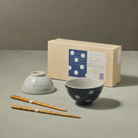 日本美濃燒 - 線條與水玉夫妻碗禮盒組 - 附筷(4件式)