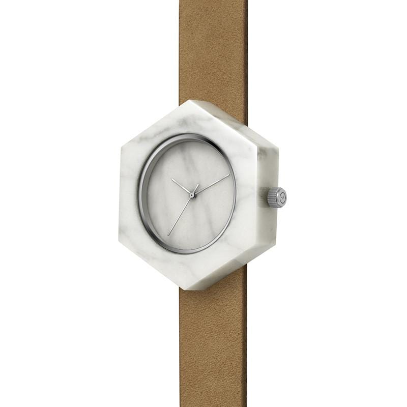 Mason Collection 六角形大理石手錶 - 白大理石(棕錶帶)