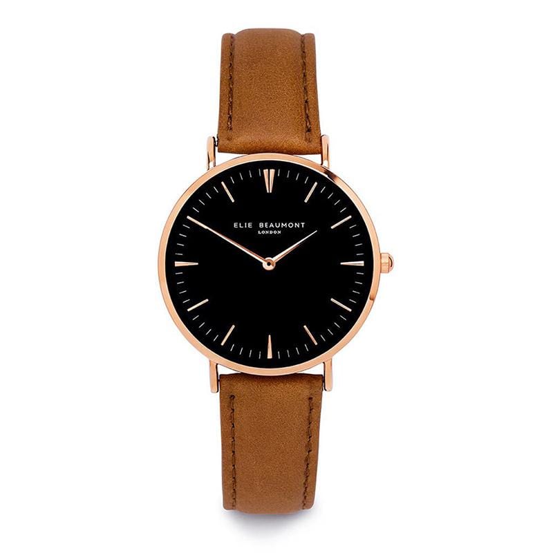 牛津系列 黑錶盤x棕色錶帶x玫瑰金錶框手錶38mm EB805G CAMEL/BLACK