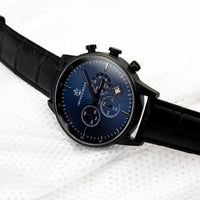 Jefferson 三眼錶 藍黑/黑皮革錶帶