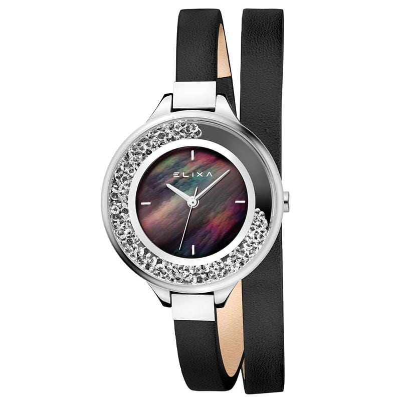 Finesse系列珍珠母貝晶鑽錶盤/皮革纏繞式錶帶手錶34mm E128-L532