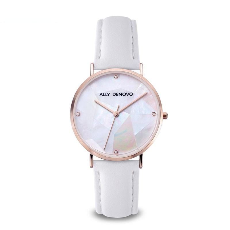 (停用) Gaia pearl皮革腕錶-白色菱形琉璃玫瑰金框白色真皮錶帶