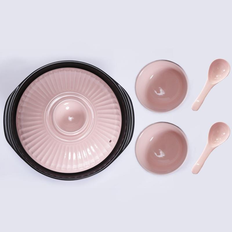28cm日本銀峯菊花土鍋+手工上釉陶碗(2入)+釉亮陶匙(2入) - 櫻花粉